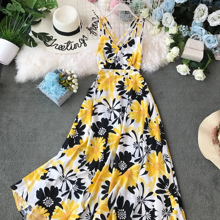 Платье богемное Flroal Vestido сексуальное летнее платье с v-образным вырезом женское без рукавов с открытой спиной пляжное стильное ТРАПЕЦИЕВИДНОЕ длинное платье AE833