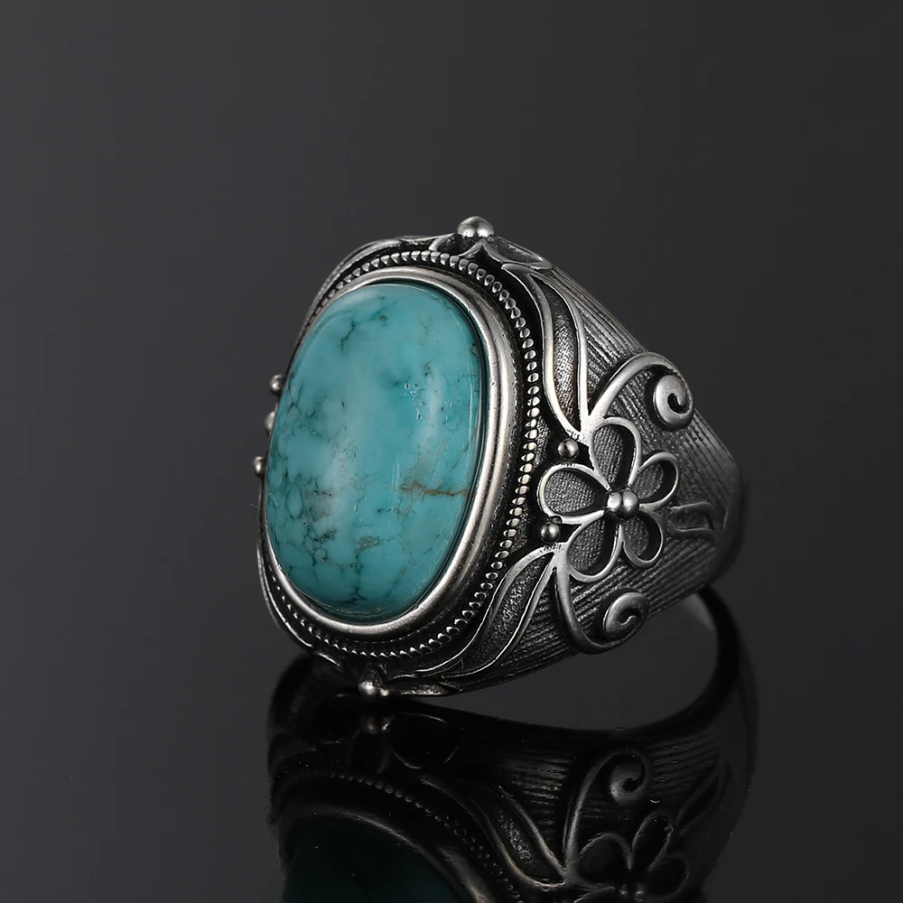 Natural Turquoise Ring Lady 925 Silver Jewelry Retro Party Ring 11X17MM Large Ellipse Gem Gift Wholesale