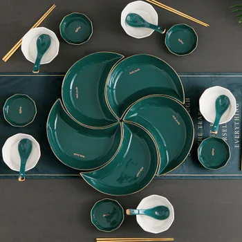 

5 Piece Set Nordic Ins Phnom Penh Green Creative Moon Platter Set Home Kitchen Supplies Peacock Green Moon Plate Multifunction