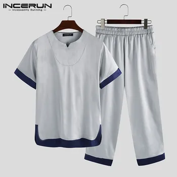

Fashion Men Pajamas Sets Patchwork Soft Homewear Breathable Short Sleeve V Neck Tops Pants Cozy Sleepwear Sets Men S-5XL INCERUN