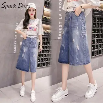 

SparkDora S-3xl 2020 Reduced Age Large A-line Denim Skirt With Slit Letter Embroidery Holes Half Length Skirt