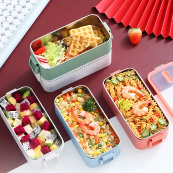 

Lunch Box Leak-proof Lunch Box Microwave Adult Student Food Storage Container without BPA Double Stainless Steel 304 1100ml