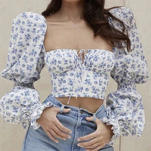Aliexpress - 2021 New Sexy Women Tops Gothic Floral Print Elegant Chiffon Blouse Shirts Long Sleeve Pink Lady Crop Tops Clothing