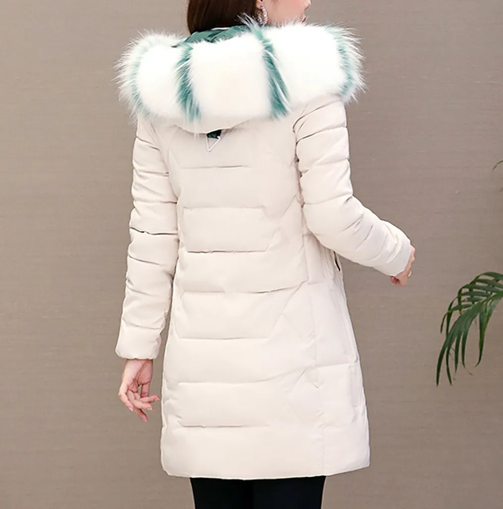 CHAMSGEND Женское пальто с капюшоном, длинное пальто, парка большого размера, одноцветная куртка средней длины, женская зимняя плотная куртка, пуховик для женщин