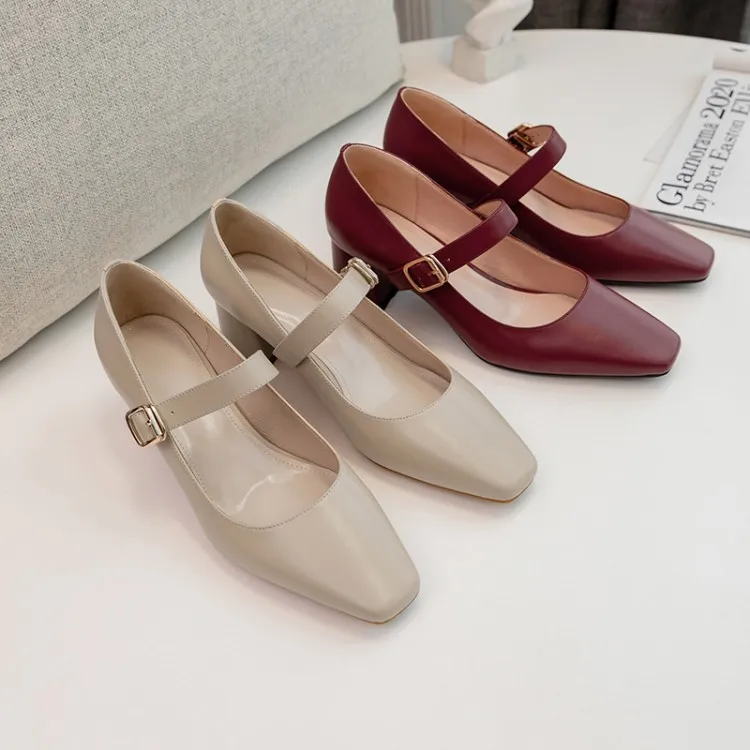 

2020 Spring College Style Leather Shoes Women's A- line Buckle Mary Jane Chunky High Heel Shoes