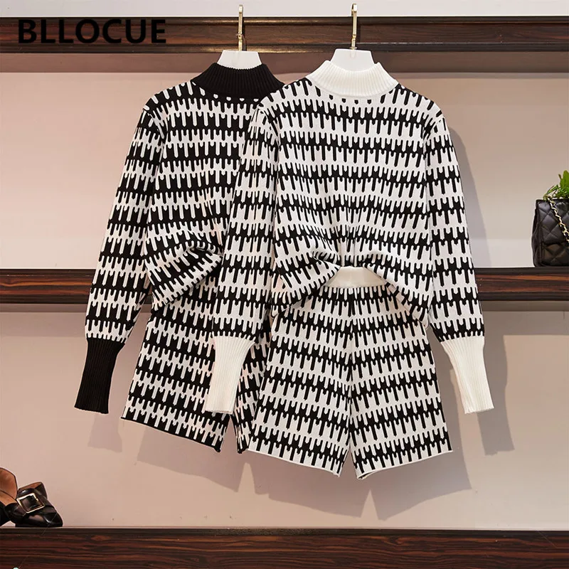 

BLLOCUE 2019 Autumn European Style Women Long Sleeve Pullover Shorts 2pcs Sets Female Vintage Pattern Jacquard Knitting Suits