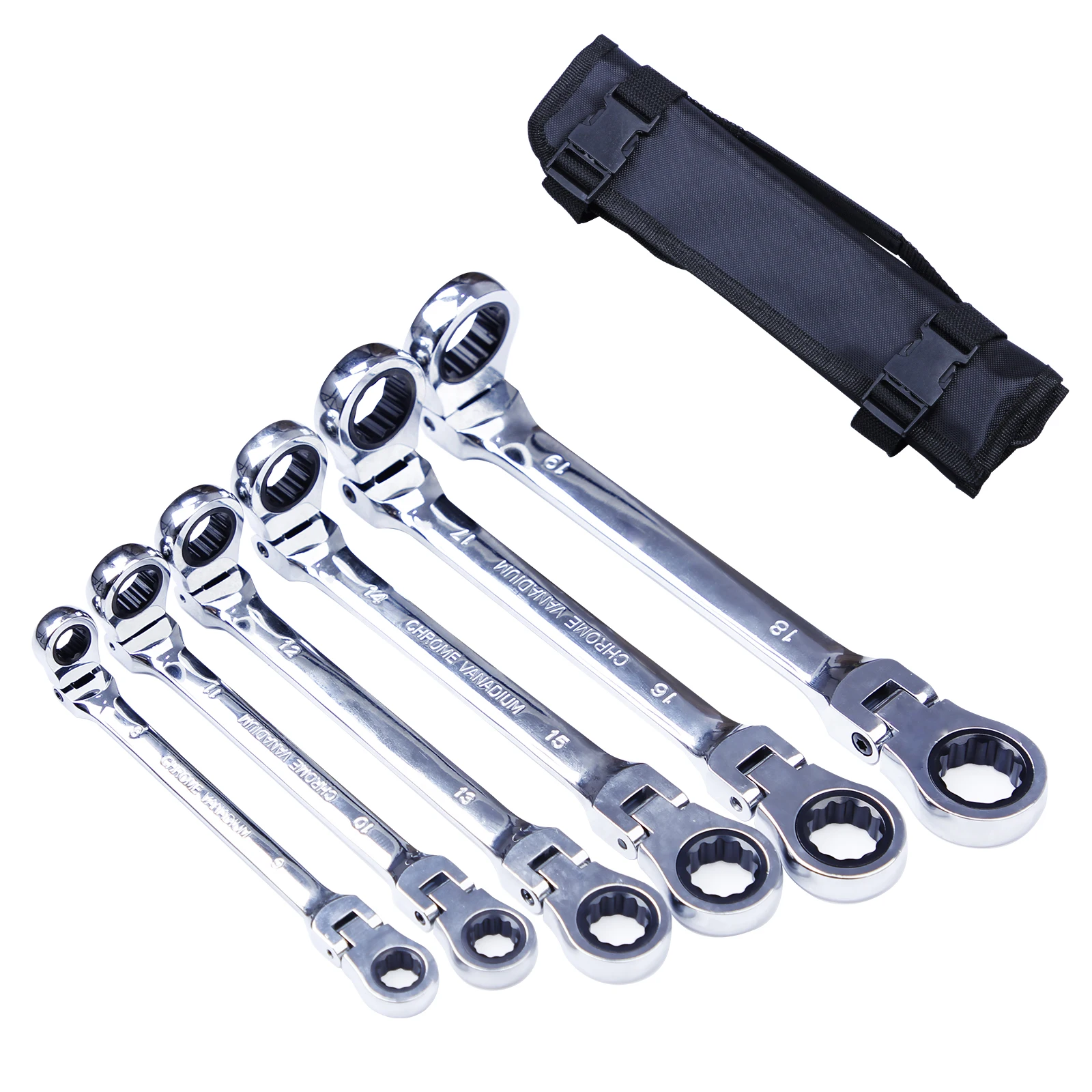 Double Box End Ratcheting Wrench Flex-Head Extra Long 6 PC Spanner Set Metric 