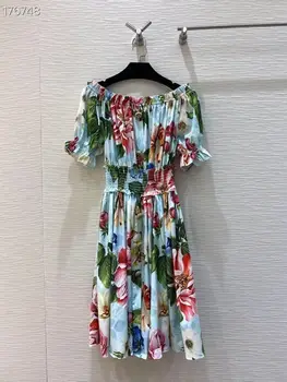 

2020 Summer Women Dresses Runway Fashion Short Sleeves Simple Button Floral Printed Waist Elastic Slim A-Line New Mini