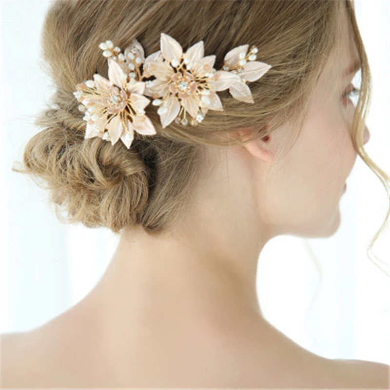 

Gold Metal Flower Haircombs Women's Wedding Headdress Handmade Elegant Pink Pearls Party Jewelry Bride Headcomb Hairpieces Decor
