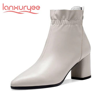 

Lanxuryee limited customization big size genuine leather pointed toe high heel pleated beauty lady streetwear ankle boots L11