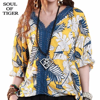 

SOUL OF TIGER 2020 Chinese Fashion Summer Ladies Vintage Tops Womens Casual Floral Printed Shirts Streetwear Blouses Plus Size