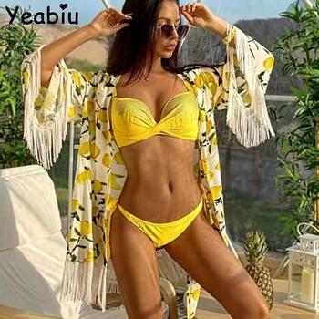 

2020 New Solid With Rhinestone Bikini Set Women Low Waist Push Up Bikini Summer Swimwear Female Brazilian Biquini Monokini