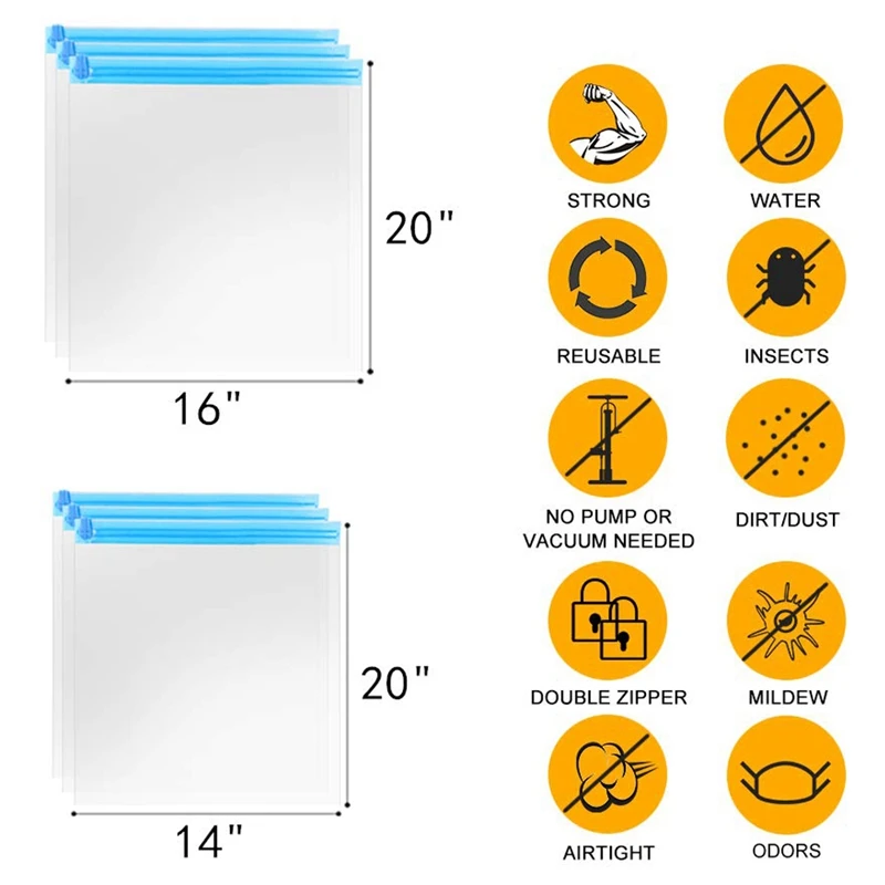 Дорожные пакеты для экономии пространства, вакуумные дорожные сумки для хранения, многоразовые упаковочные мешки, 20 упаковок, не требуется вакуумный насос, экономия 80% багажа
