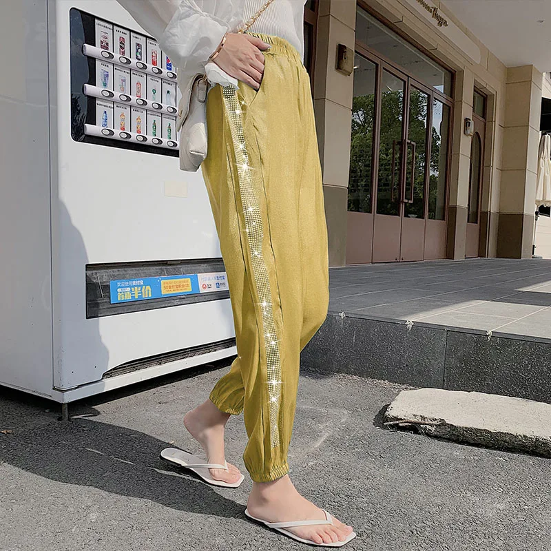 Autumn New Heavy Industry Hot Drilling Beam Foot Casual Pant Wei Pants Women Fashion Casual Wild Loose Pants - Color: Yellow