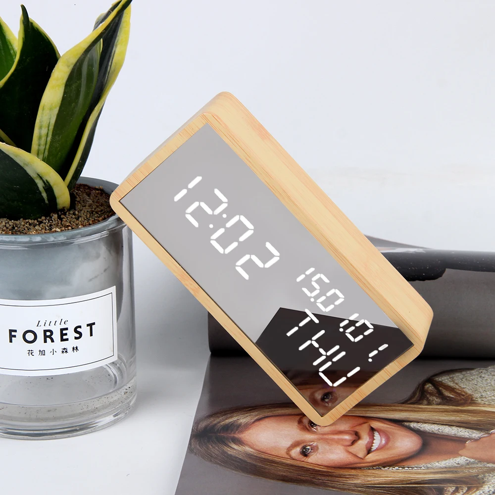 Generic Led Table Clock Calendar Digital Wooden Mirror Alarm Clock