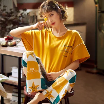 

Pajamas Set Print Women Cotton 2PCS Sleepwear Cartoon Nightwear Sleep Set Summer Casual Soft Bathrobe Gown Plus Size Home Wear