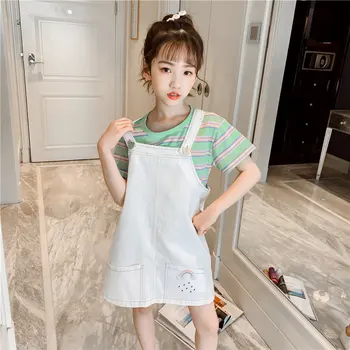 

Teenage Clothing Set 2020 Summer Toddler Girls Clothes Striped T-shirt+Denim Jumpsuit Overalls for Children Kids Clothes Suit