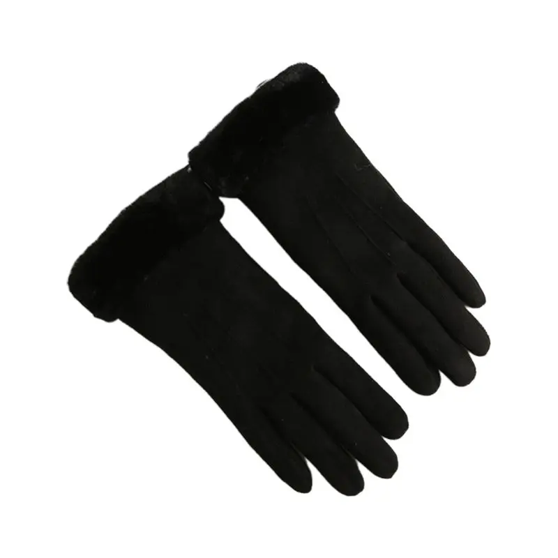 BK Women Girls Autumn Winter Touchscreen Gloves Solid Color Plush Cuff Thermal Thick Lining Suede Mittens Driving Ski Wrist Warmer - Цвет: BK
