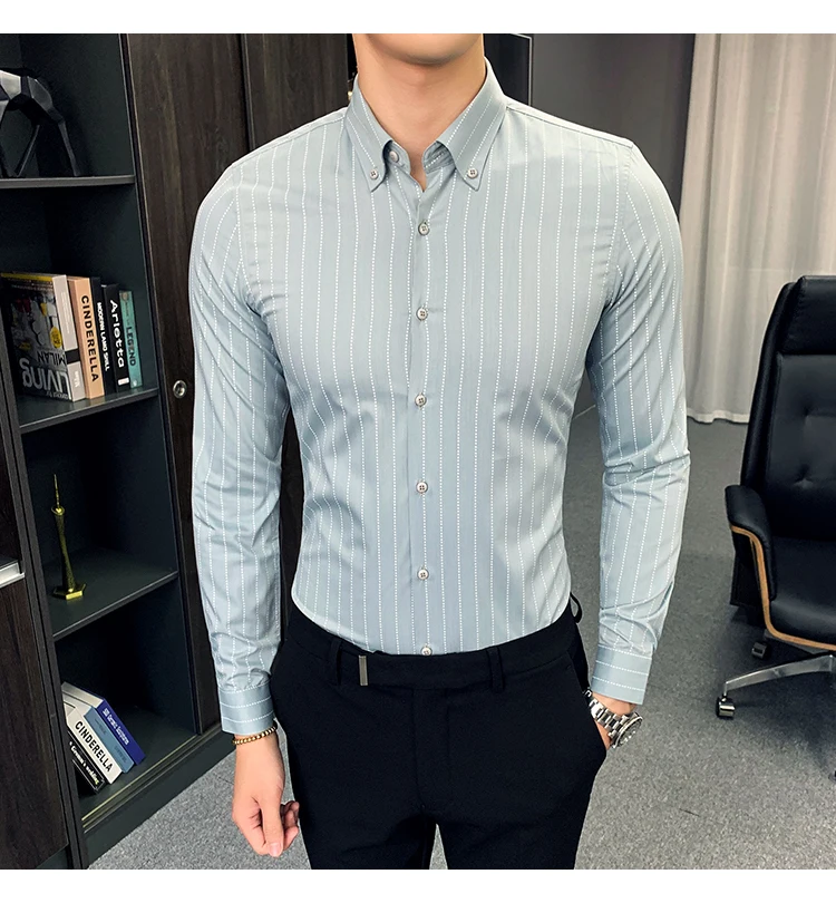 Camisa De Hombre Elegante полосатая белая рубашка с длинными рукавами Мужская офисная рубашка рубашки соцовый бизнес мужские рабочие рубашки черное качество