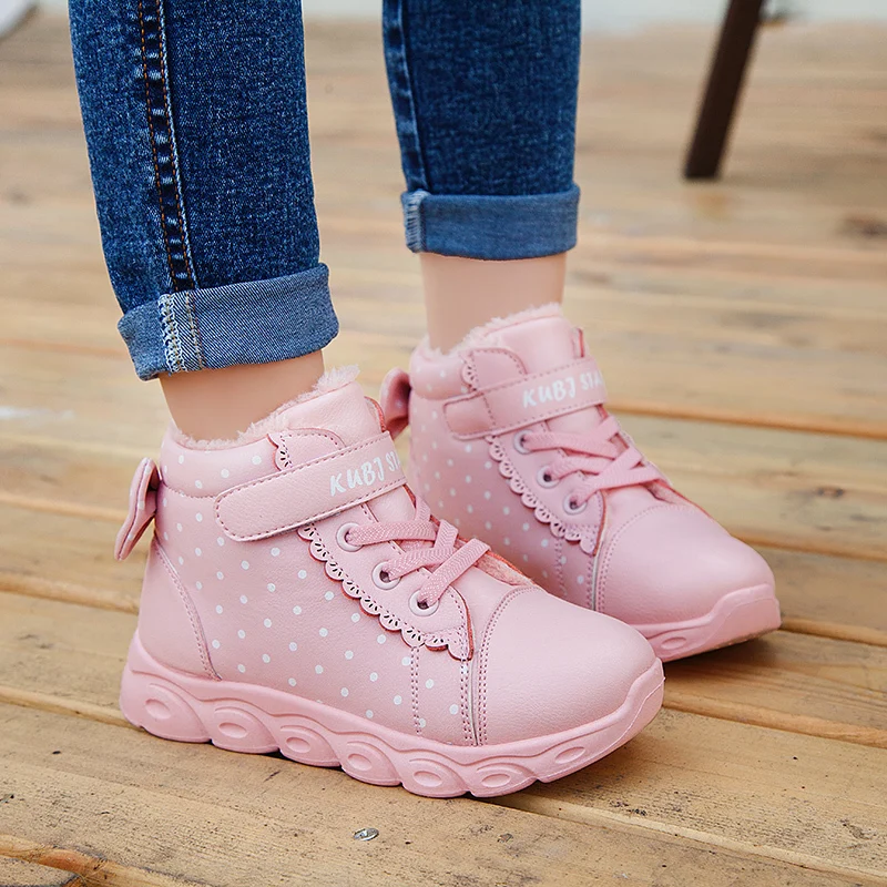 Winter Girls Snow Boots For Children Shoes Kids Boots Plush Warm Butterfly Knot Waterproof Leather Fashion bota infantil menina