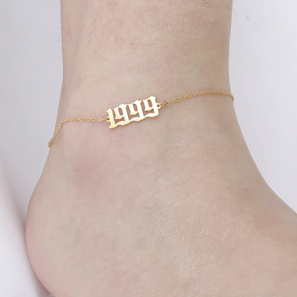 Skyrim-tobillera personalizada para mujer, pulsera de tobillo de acero inoxidable, Color dorado, número de nacimiento, 1989 a 2020