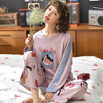 

Autumn Leisure Time Cartoon Girl Printing Purple Lotus Split Joint Long Sleeve Trousers Cotton Home Furnishing Serve Suit