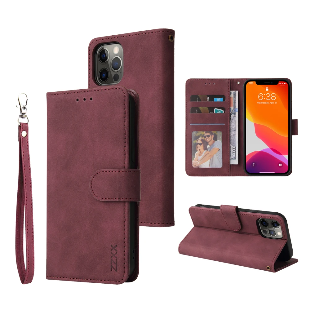 ZZXX Leather Wallet Phone Case For iPhone 13 12 Pro Max 11 Pro XS Max XR X SE2022 8/7//6/6S Plus Flip Card Slot Phone Case Cover cell phone belt pouch