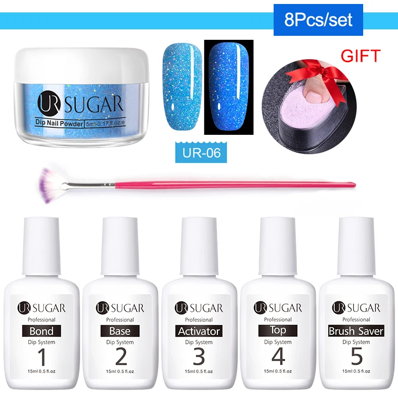 8pcs set6 UR SUGAR 8 шт. флуоресцентный набор порошка для ногтей голографический градиентный погружающийся хромированный ноготь пудра-Глиттер для ногтей художественные украшения - Цвет: 8pcs set6
