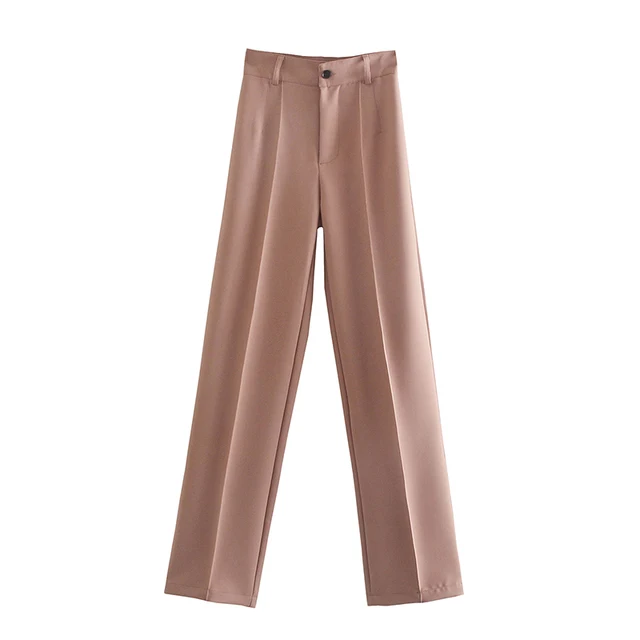 TRAF Women Chic Fashion Office Wear Straight Pants Vintage High Waist Zipper Fly Female Trousers Mujer as picture