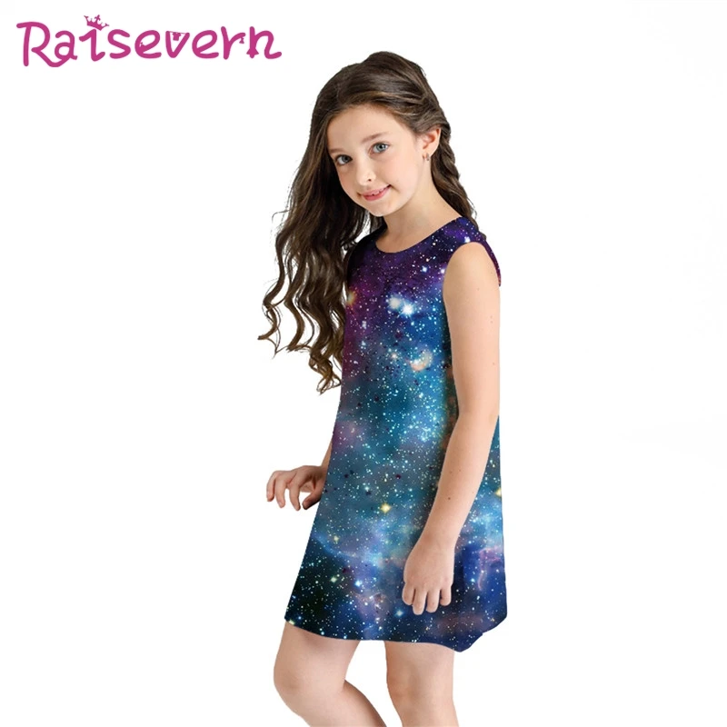 Raisvern/ детское летнее платье для девочек; одежда без рукавов с принтом галактики; пляжные мини-платья; детское праздничное платье принцессы