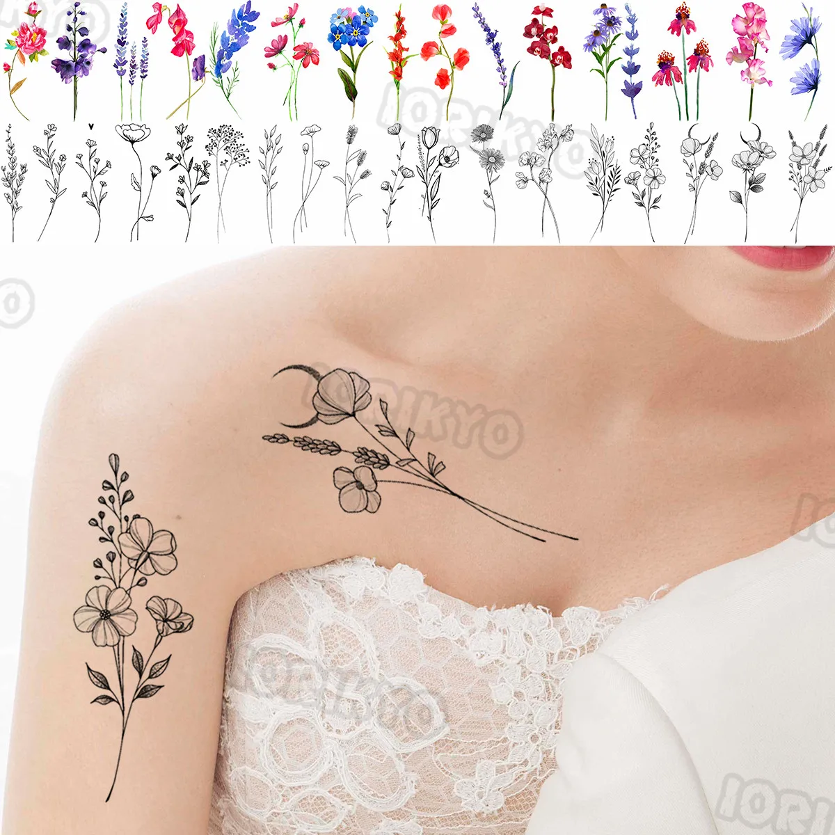 

Watercolor Lavender Small Temporary Tattoos For Women Girls Lotus Plum Blossom Moon Fake Tattoo Sticker Body Neck Tatoos Holiday