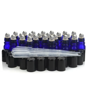 

24pcs 5ml Cobalt Blue Glass Essential Oil Roller Bottles with Stainless Steel Roll On Black Cap Lid for Perfume Aromatherapy