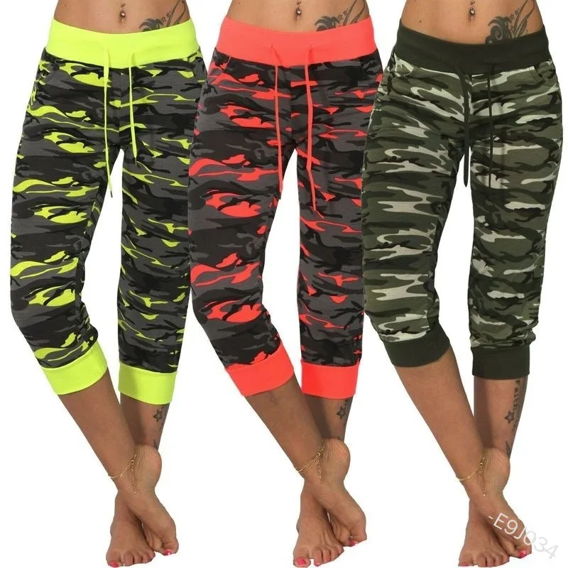 Pantalones de estampado de camuflaje para mujer, cintura alta, lazo, longitud de pantorrilla, Capris, WDC5176