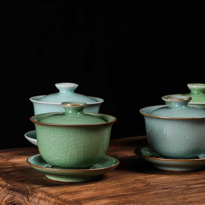 200 мл longquan celadon gaiwan глазурованная чашка с крышкой блюдце китайская керамическая