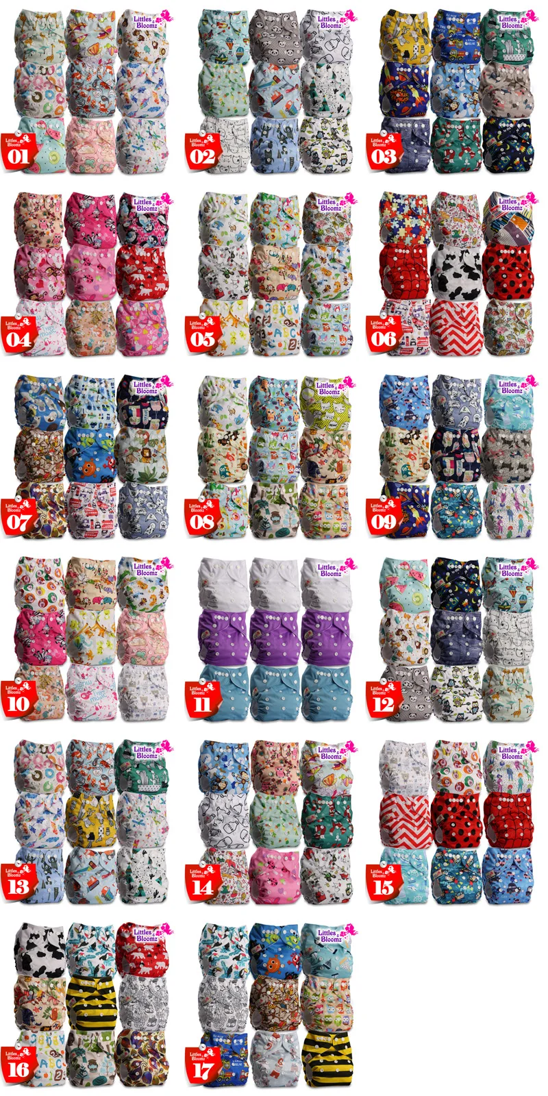 [Littles&Bloomz] 9pcs/set Baby Washable Reusable Real Cloth Pocket Nappy, 9 nappies/diapers and 0 microfiber inserts in one set