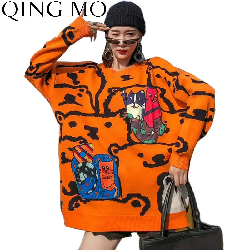 QING MO Orange Winter Women Pullovers Sweater Plus Size Cartoon Printed Chic Knitted Long 2019 ZQY1865 | Женская одежда