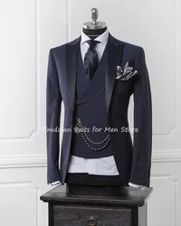 3Pcs Navy Blue Jacket Pants Vest Custom Made Peak Lapel Blazer Trousers Man's Party Wear Wedding Suits Sets Coat+Pants+Waistcoat
