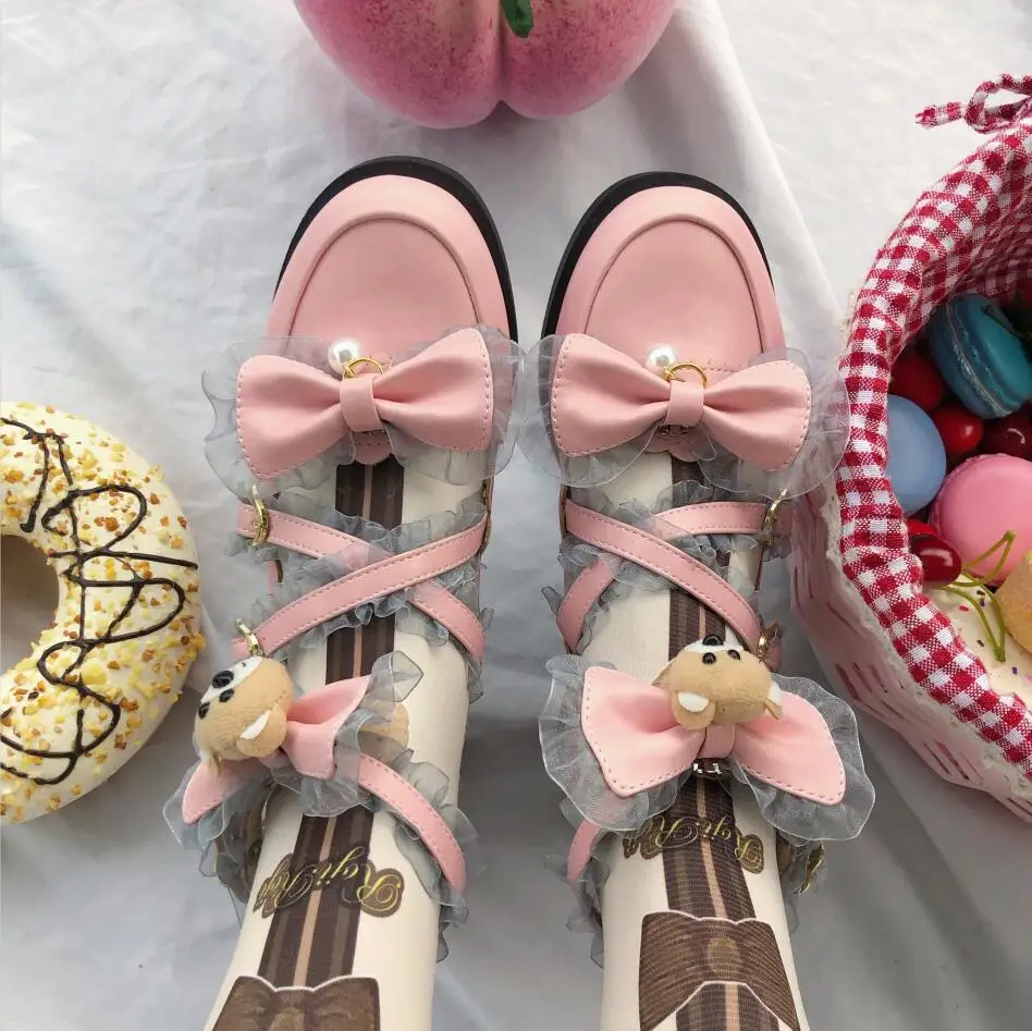 Японский kawaii для девочек; милые туфли в стиле «Лолита» в винтажном стиле; круглый носок; удобная женская обувь милый кружевной бант с перекрестными ремешками обувь kawaii - Цвет: heel height 3cm