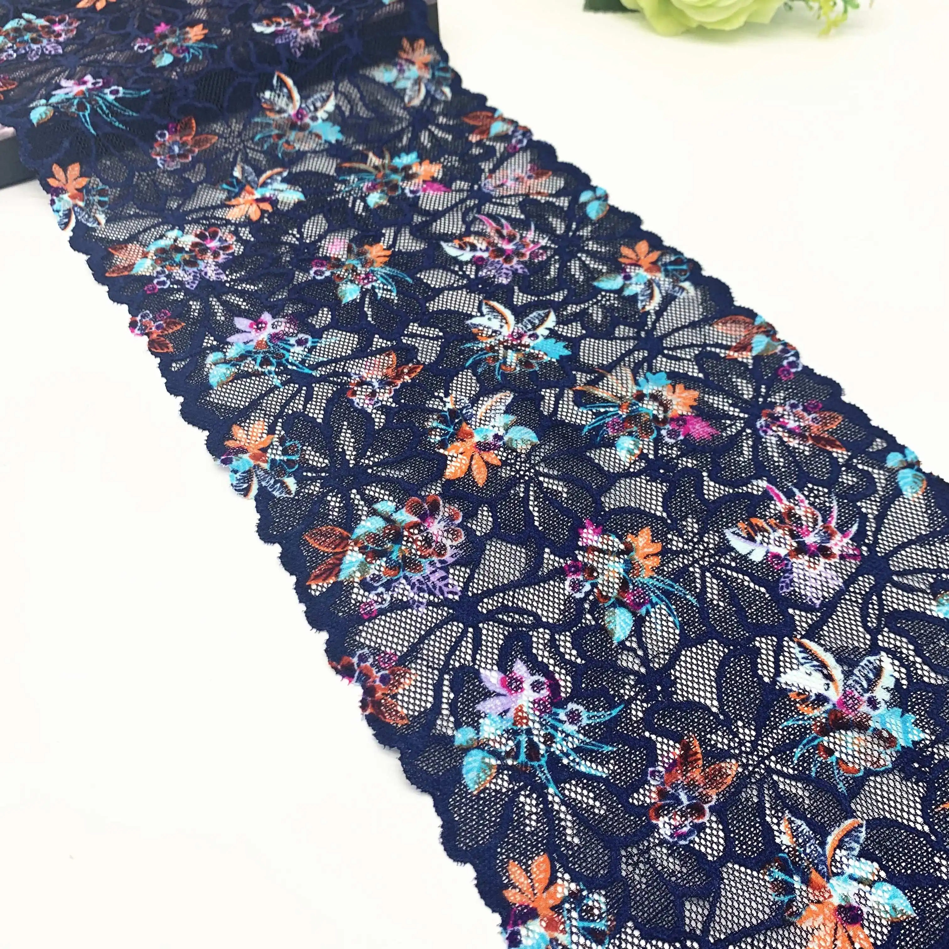 3y/lot Width 7 5/8 inch(19.50cm) Mixed Blue Feather Stretch Lace Trim 5