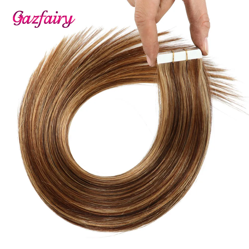 Gazfairy прямые волосы из ПУ кожи, завязанные вручную волосы на ленте, волосы remy для наращивания, полная кутикула, двухсторонняя 1"-22", натуральный цвет