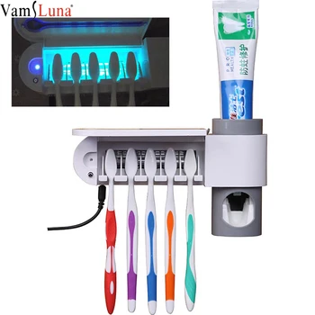 

UV Toothbrush Holder, Toothpaste Dispenser + 5 Toothbrush Sterilizer Holder Wall Mounted with Sticker for Women Kids