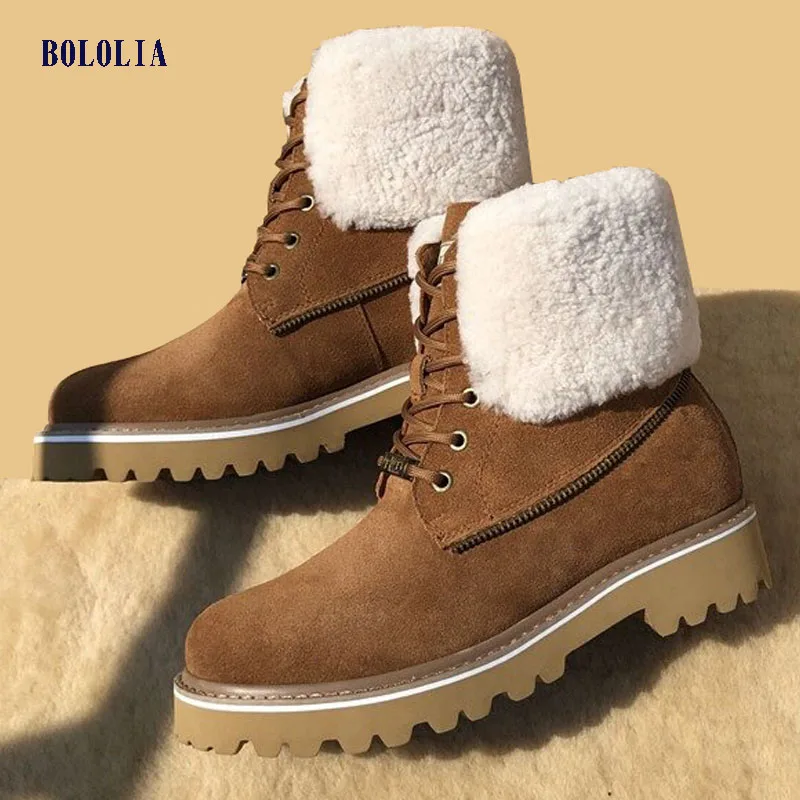 

BOLOLIA Women's Platform Ankle Boot 2020 Winter Genuine Leather Fur Wool Snow Boots Winter Women Boots Platform Woman Warm Shoes