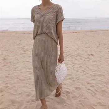 

Mazefeng 2020 New Summer Woman 2 Piece Sets Matching Long Skirts Female High Waist Knitting Casual Fashionable Elegant Suits
