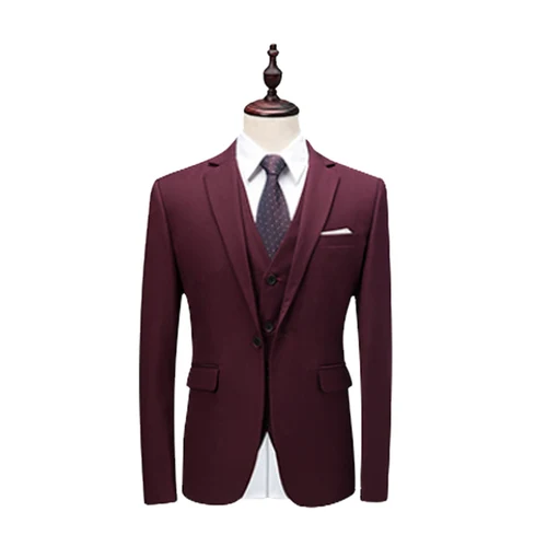 wine red Пиджак+ жилет+ брюки) мужской модный приталенный костюм деловой Повседневный Свадебный костюм жениха Одноцветный трехсекционный костюм M-5XL 6X - Цвет: wine red