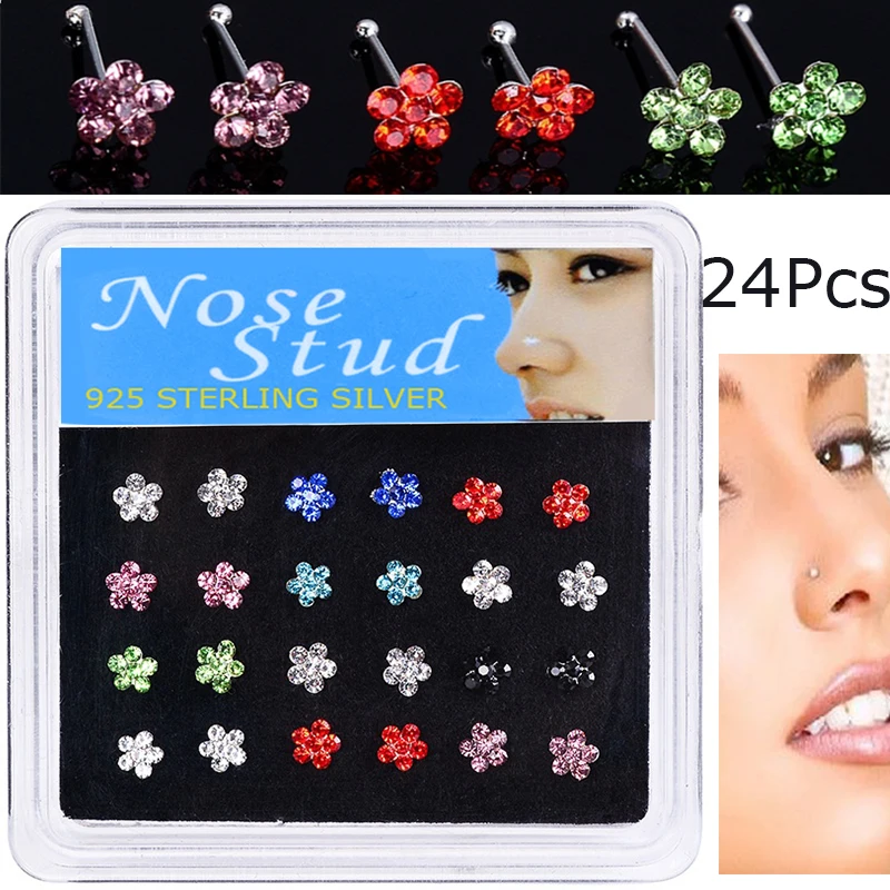 24PCS/Box Heart Shape Fashion Body Jewelry Nose Studs Nose Piercing Colorful Crystal Nose Rings For Women Ear Piercing Gifts