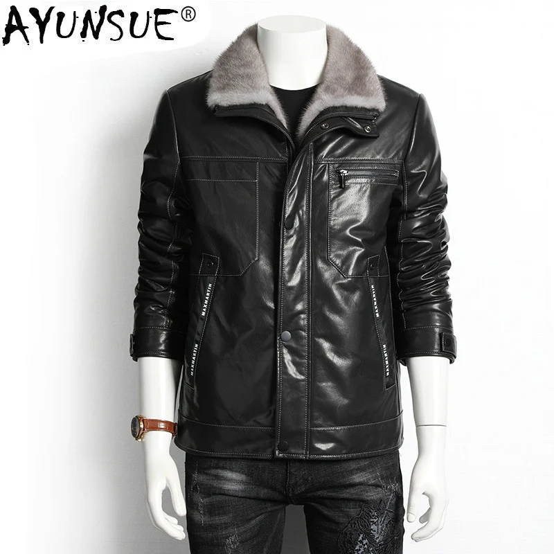 

AYUNSUE Winter Genuine Leather Jacket Men Real Mink Fur Coats Goatskin Leather Coat Luxury Natural Fur Jackets 2020 9102 KJ4034