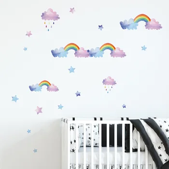 

Watercolor Rainbow Raindrop Wall Stickers Hand Drawn Clounds Rainbow Wall Decals for Kids Room Baby Nursery Home Decoration PVC