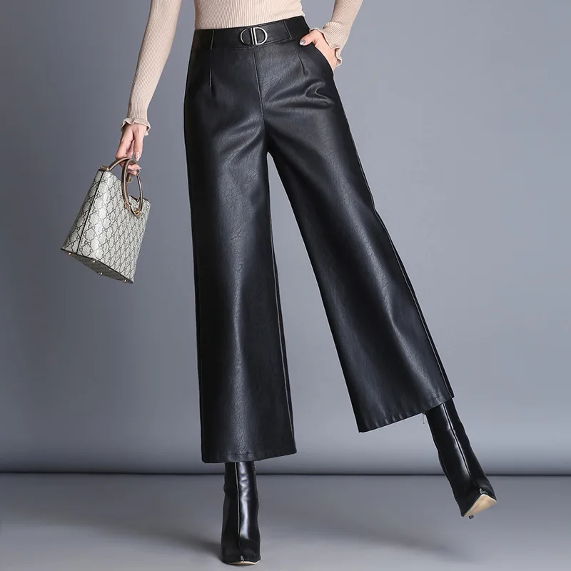 OMIKRON модные черные длинные брюки из искусственной кожи с высокой талией, женские брюки, офисные женские весенние элегантные рабочие брюки, широкие брюки