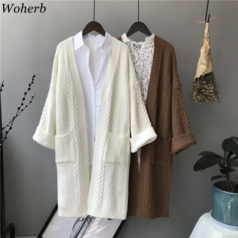Woherb Осень Зима длинный кардиган Женская зимняя одежда Повседневный вязаный свитер пальто Pull Femme женский корейский трикотаж 22976