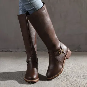 

2021 Runway Leather Women Long Boots Riding Casual Belt Buckle Combat Autumn Winter Knee High Loose Boots Botas Mujer Footwear